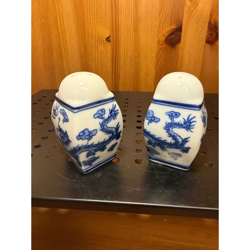 Bombay China Blue and White Porcelain Dragon Salt and Pepper Shakers Set